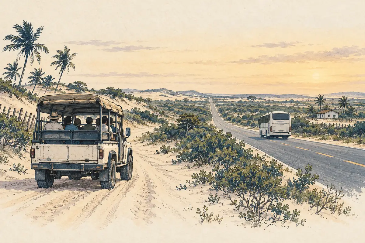 Ilustración editorial de una jardineira y un autobús en un paisaje de carretera, arena y vegetación.