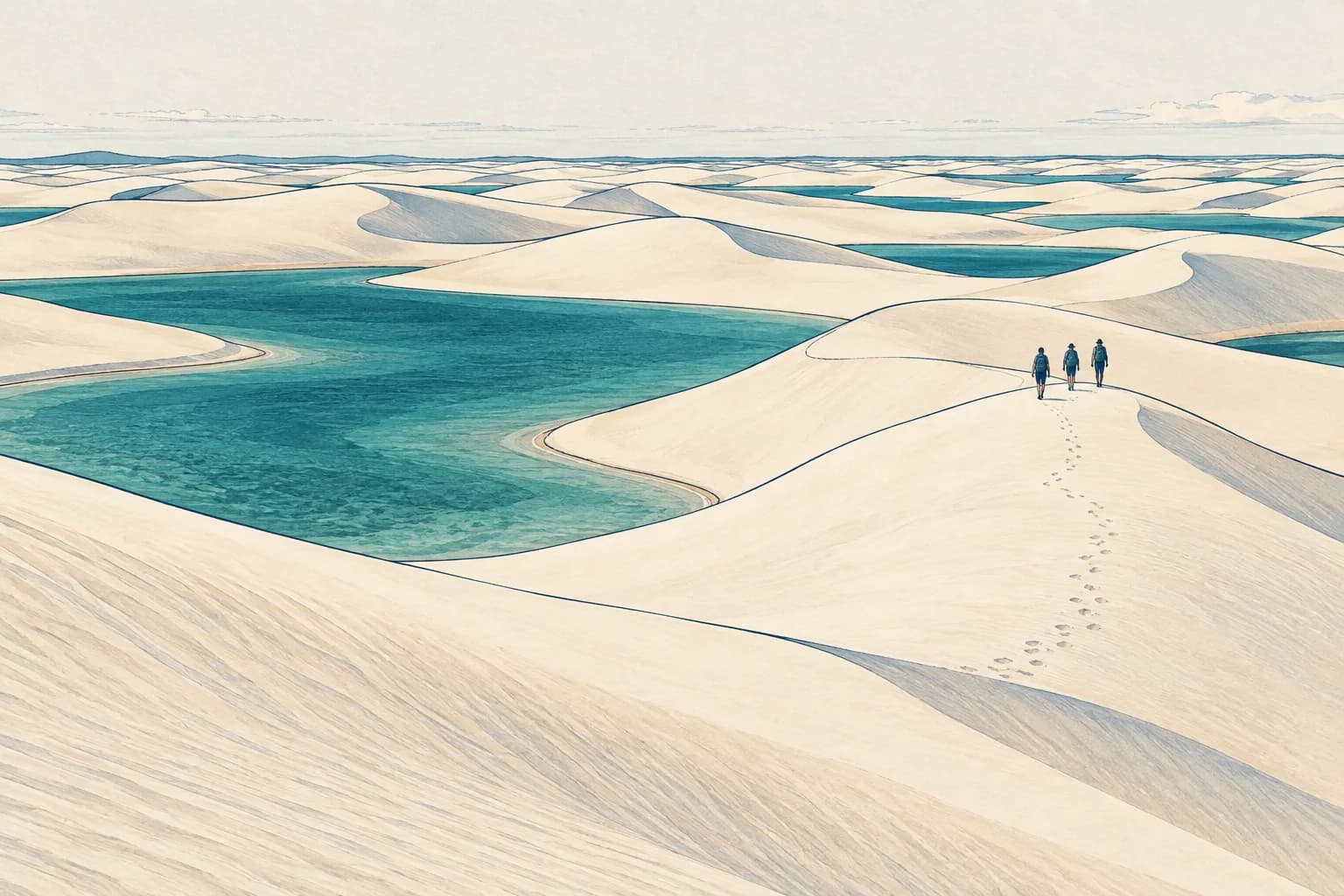 Illustration originale de trois randonneurs au loin, face à des dunes claires et à des lagunes bleu-vert.