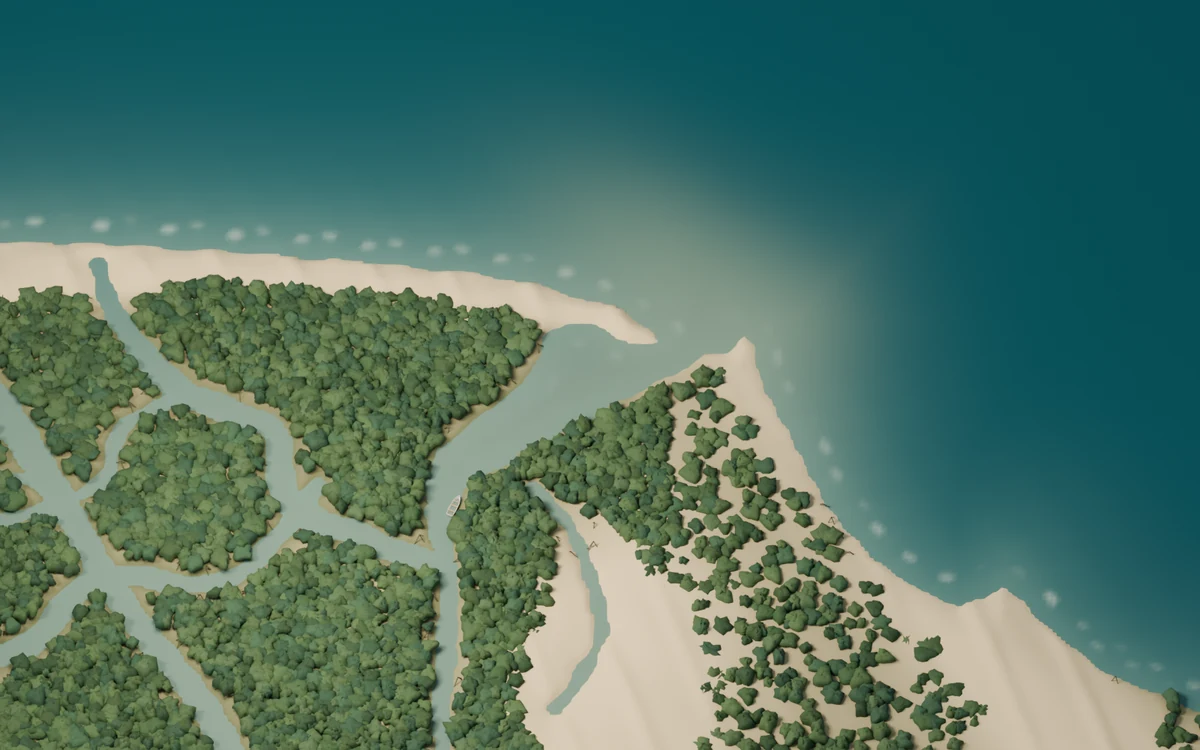 Ilustração da abertura do Delta do Parnaíba para o Atlântico, entre mangues e bancos de areia