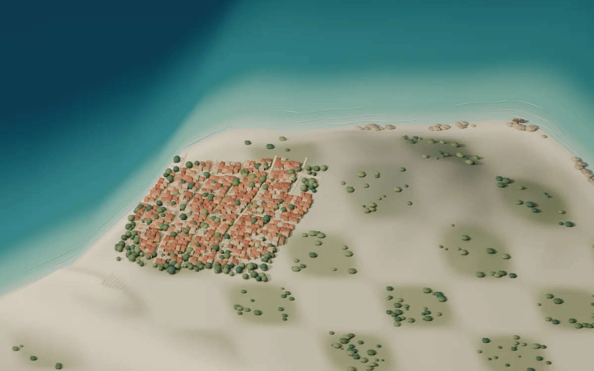 Ilustração da vila de Jericoacoara, da região da Duna do Pôr do Sol e da costa rochosa do Serrote